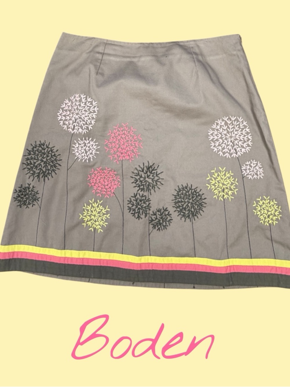 Boden Embroidered A-Line Skirt Floral Gray Size 10P Cotton